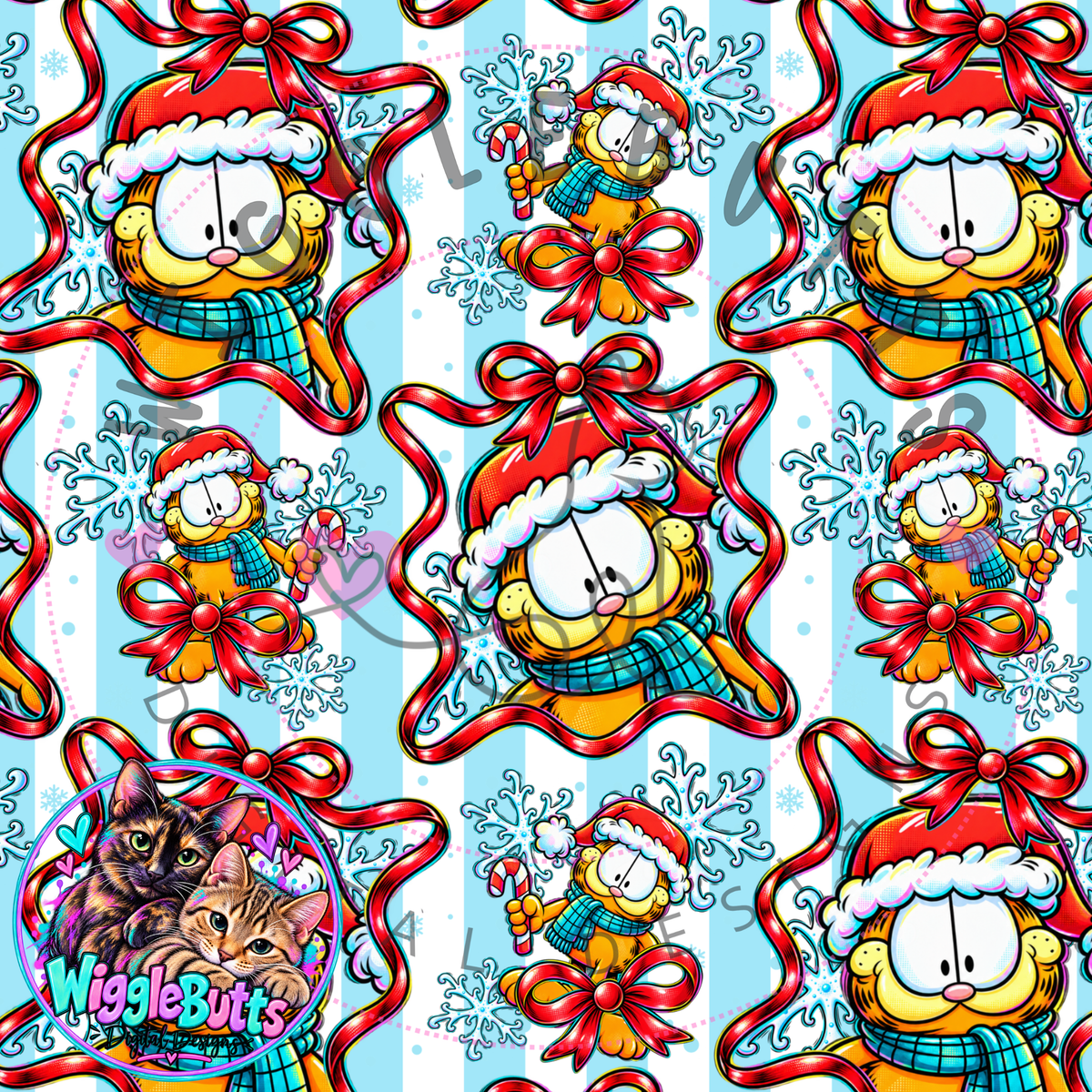 Retro Orange Cat Winter Christmas Bow Ribbon Seamless File PNG Design