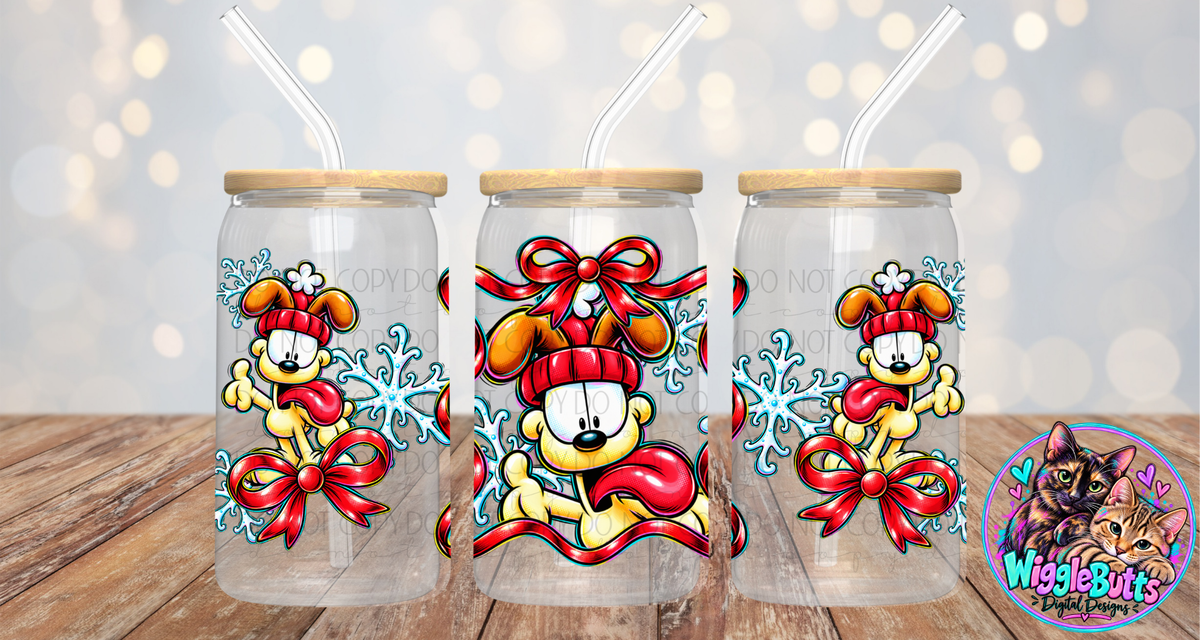 Retro Orange Cat Dog Red Bow Christmas Winter 16oz Cup/Jar Wrap PNG Design