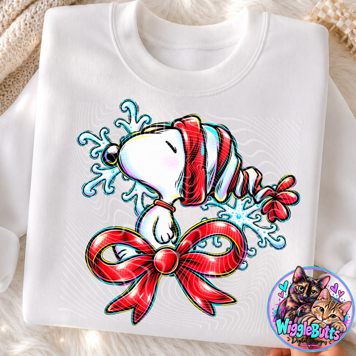Retro White Dog Red Bow Snowflake Christmas Winter PNG Design