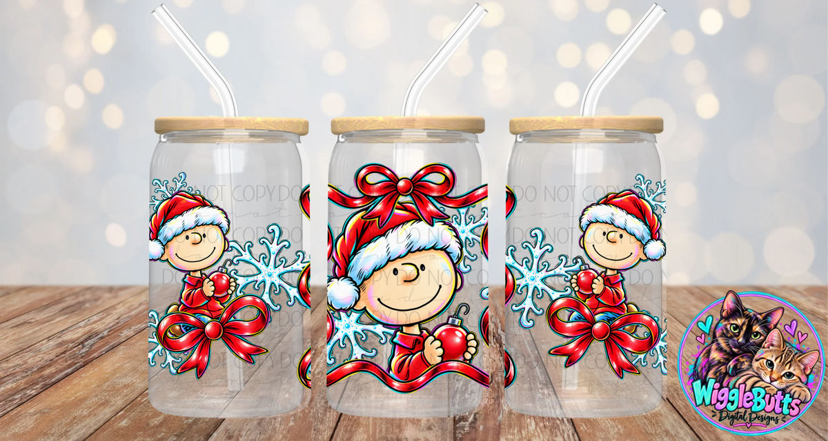 Retro PeanutKid Red Bow winter Christmas 160z Cup/Jar Wrap PNG Design