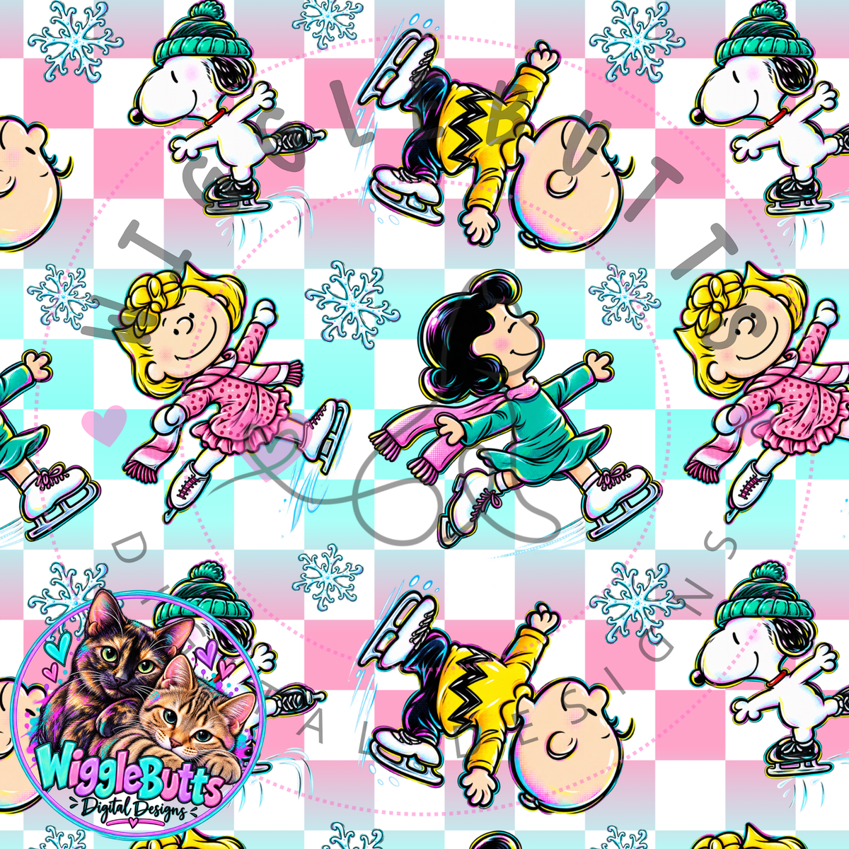 Retro PeanutKids Winter Iceskate Checkered Seamless File PNG Design