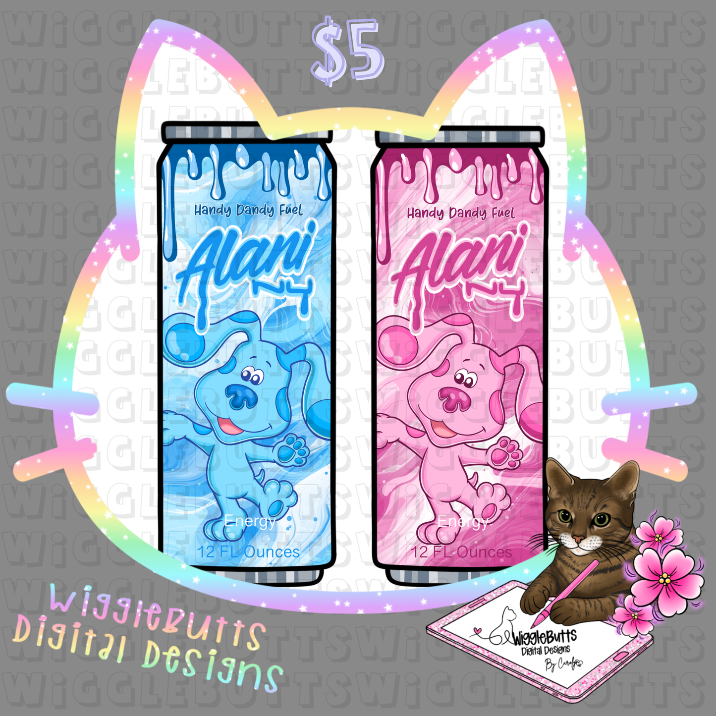 Retro Blue Dog Purple Pink Dog Energy Drink Cans ClipArt Bundle