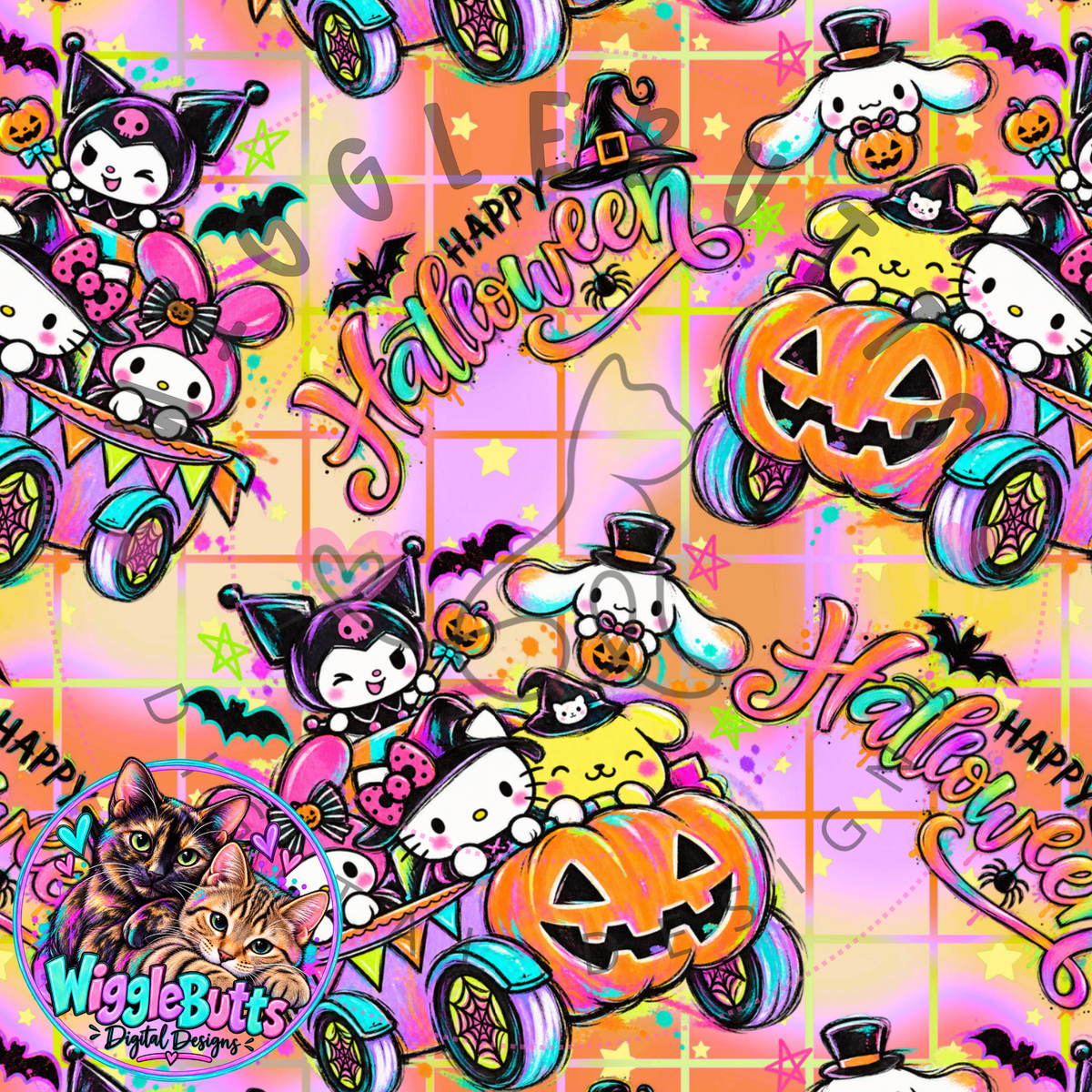 Kitty and Friends Halloween Pumpkin Car Seamless File PNG Design