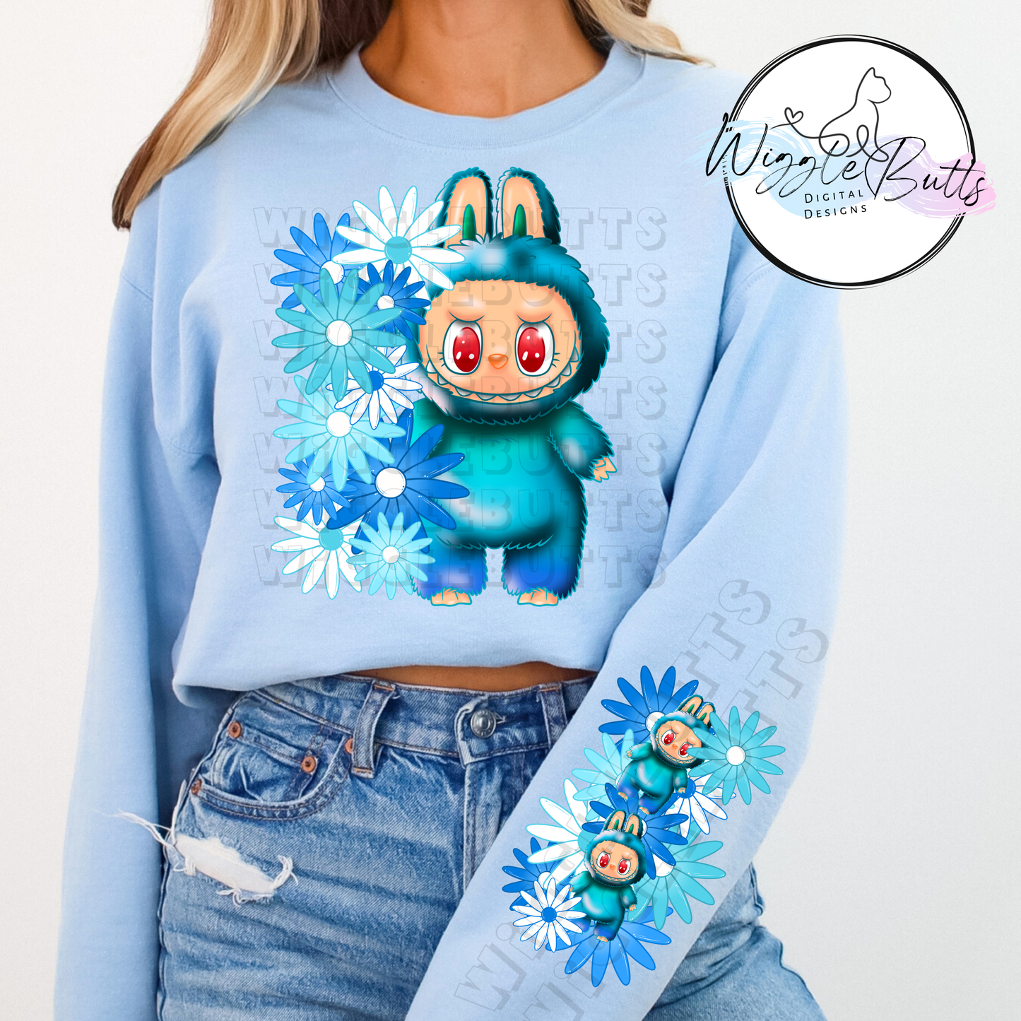 Little Monster Blue Flower PNG Design and Matching PNG Sleeve Design
