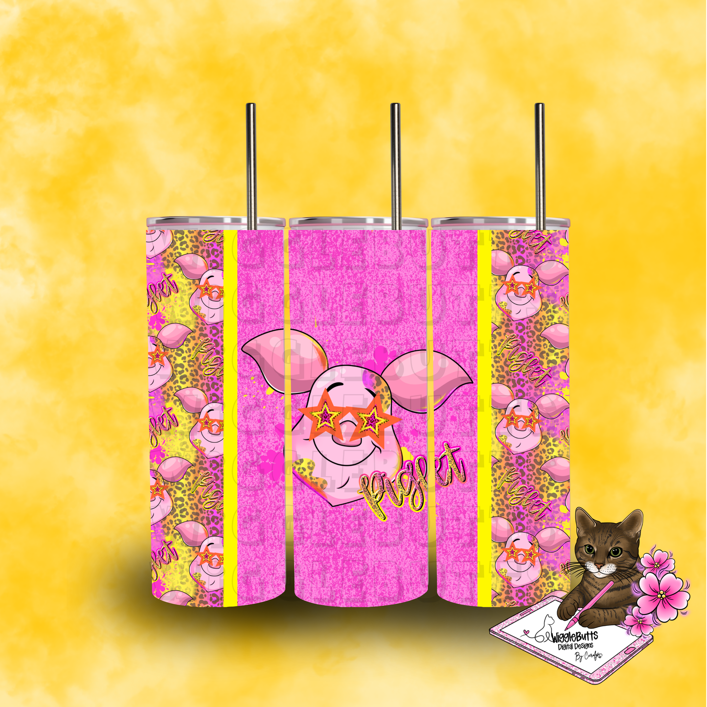 Honey Bear and Friends Pig Pink Stars Cheetah Print 20oz Tumbler Wrap PNG Design