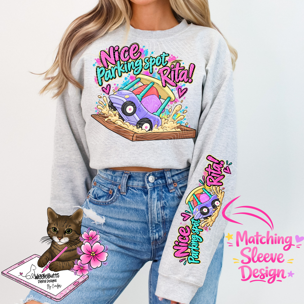Blue Dog Puppies Granny Parking PNG Design and Matching PNG Sleeve Design