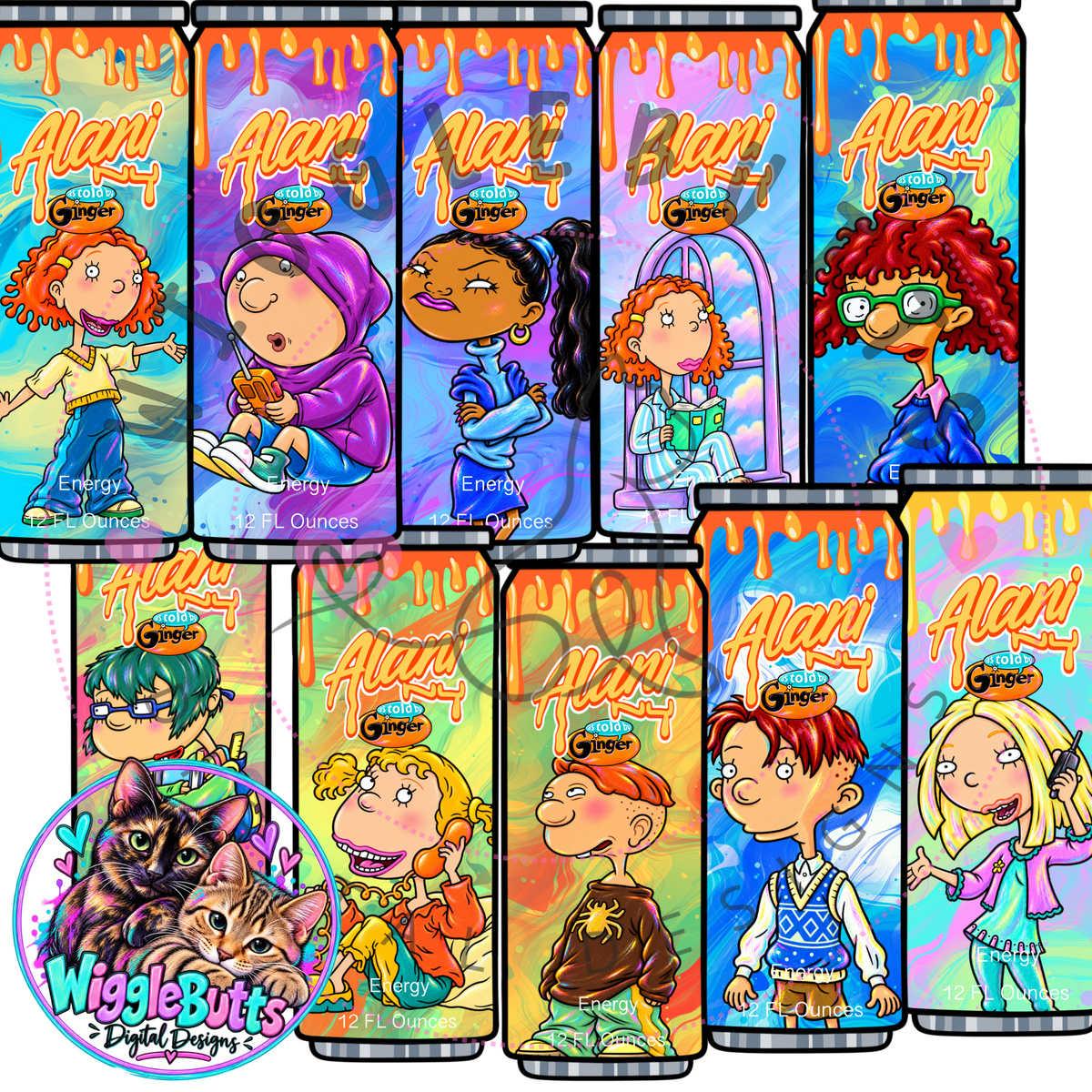 Energy Drink Retro Red Head Girl Toon Cans ClipArt Bundle