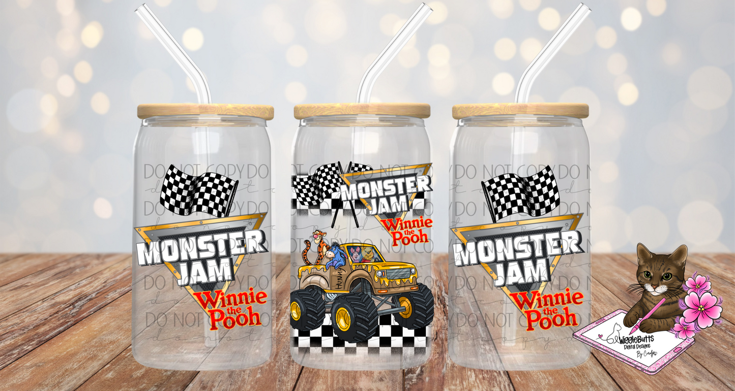 Honey Bear and Friends Monster Truck 16oz Cup/Jar Wrap PNG Design