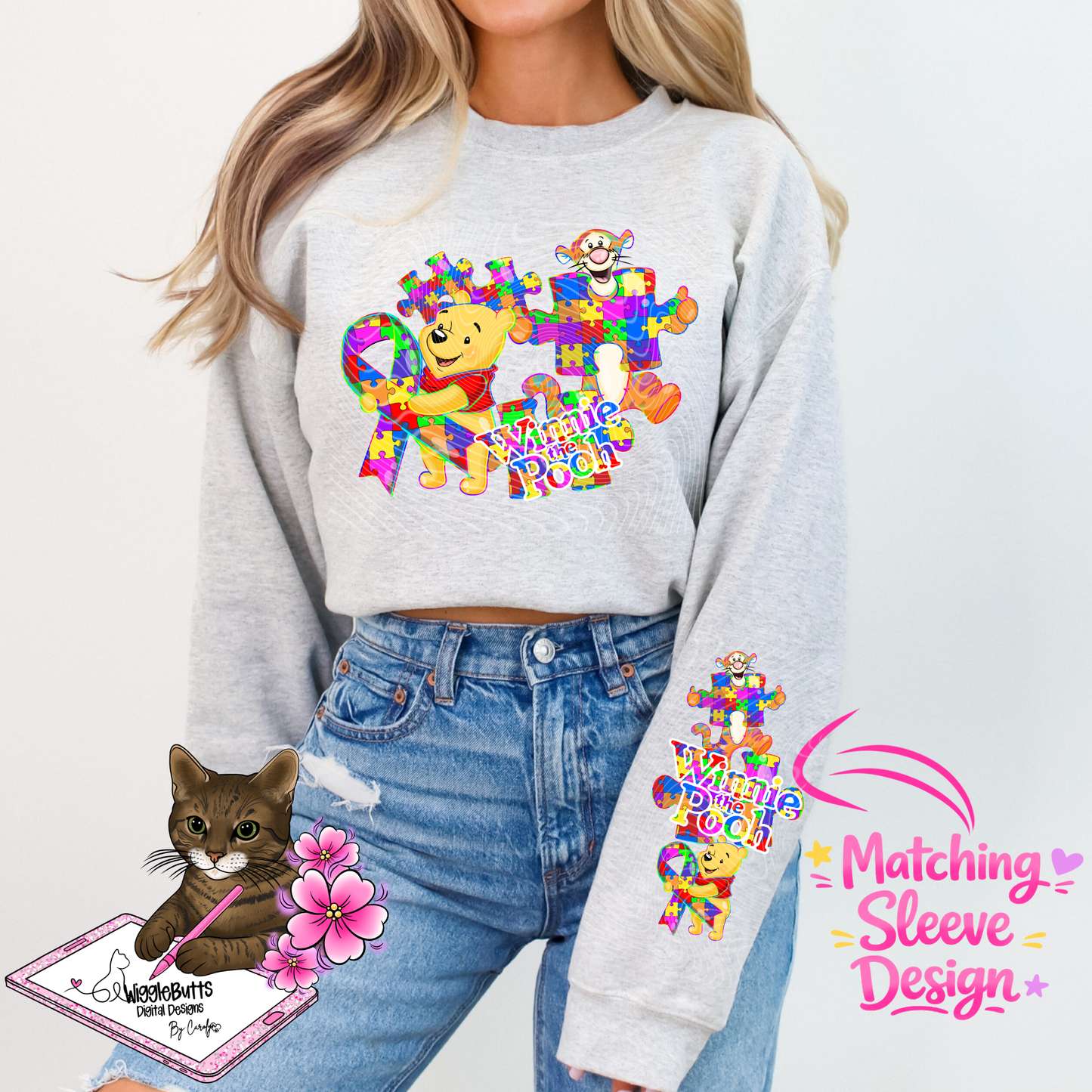 Honey Bear Autism Awareness Ribbon Puzzle Pieces PNG Design and Matching PNG Sleeve Design