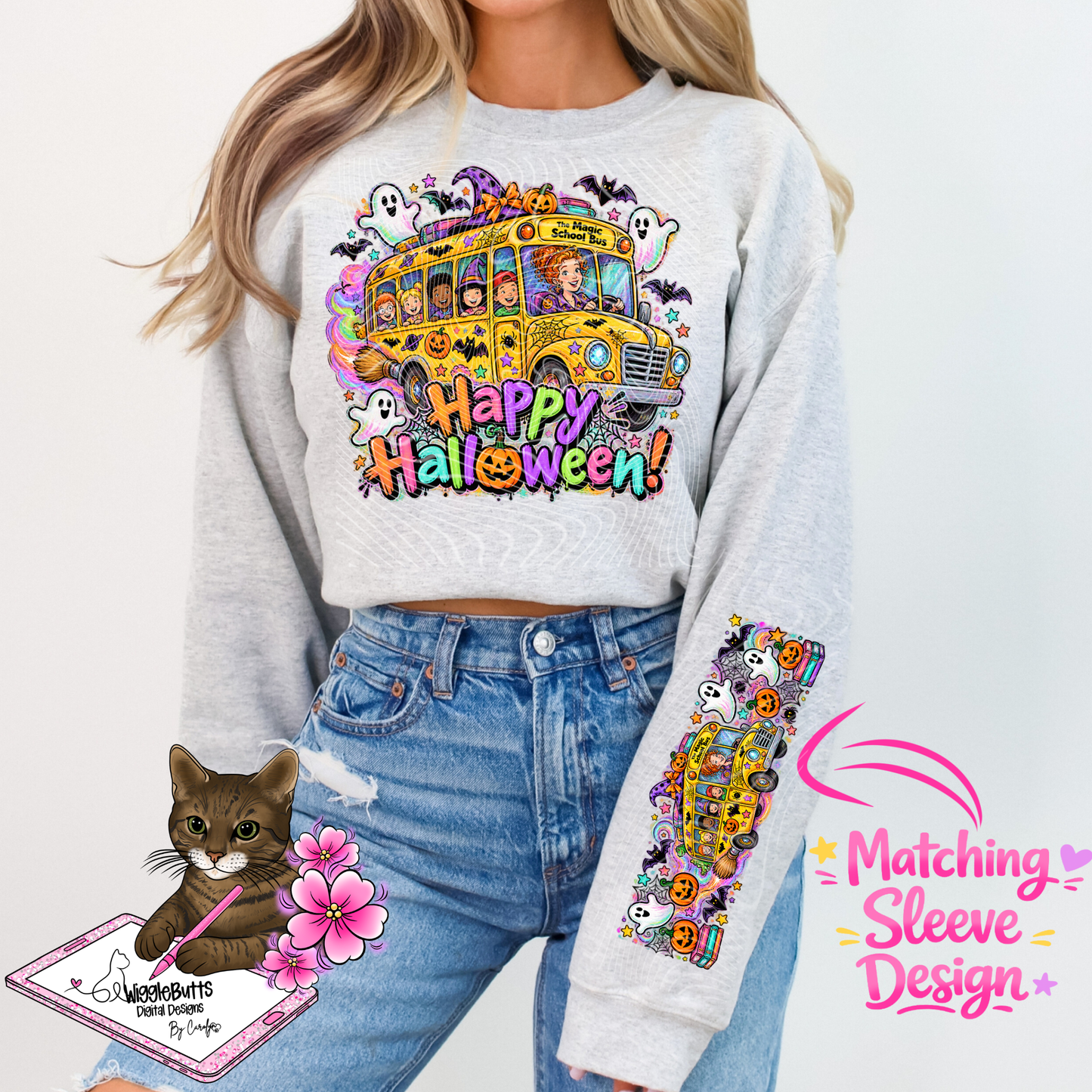Rainbow School Bus Halloween PNG Design and Matching PNG Sleeve Design