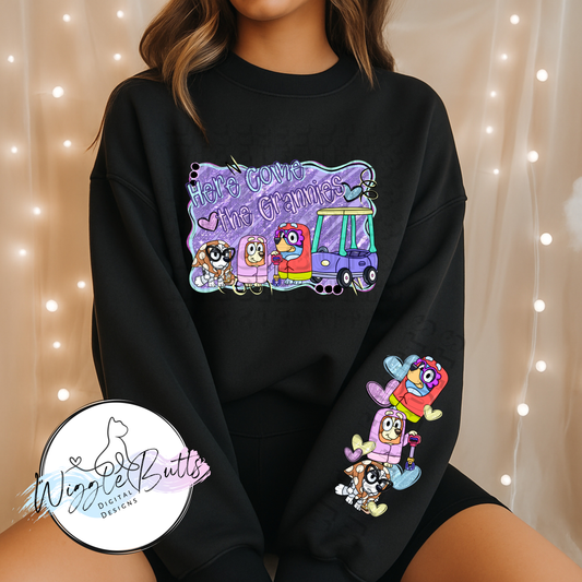 Blue Dog Puppies Grannies PNG Design and Matching PNG Sleeve Design