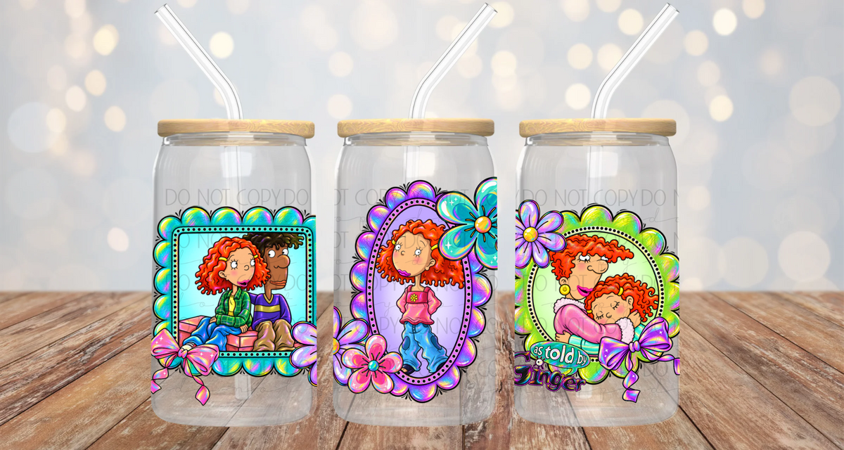 Red Head Retro Old School Cartoon Girl Frame 16oz Cup/Jar Wrap PNG Design