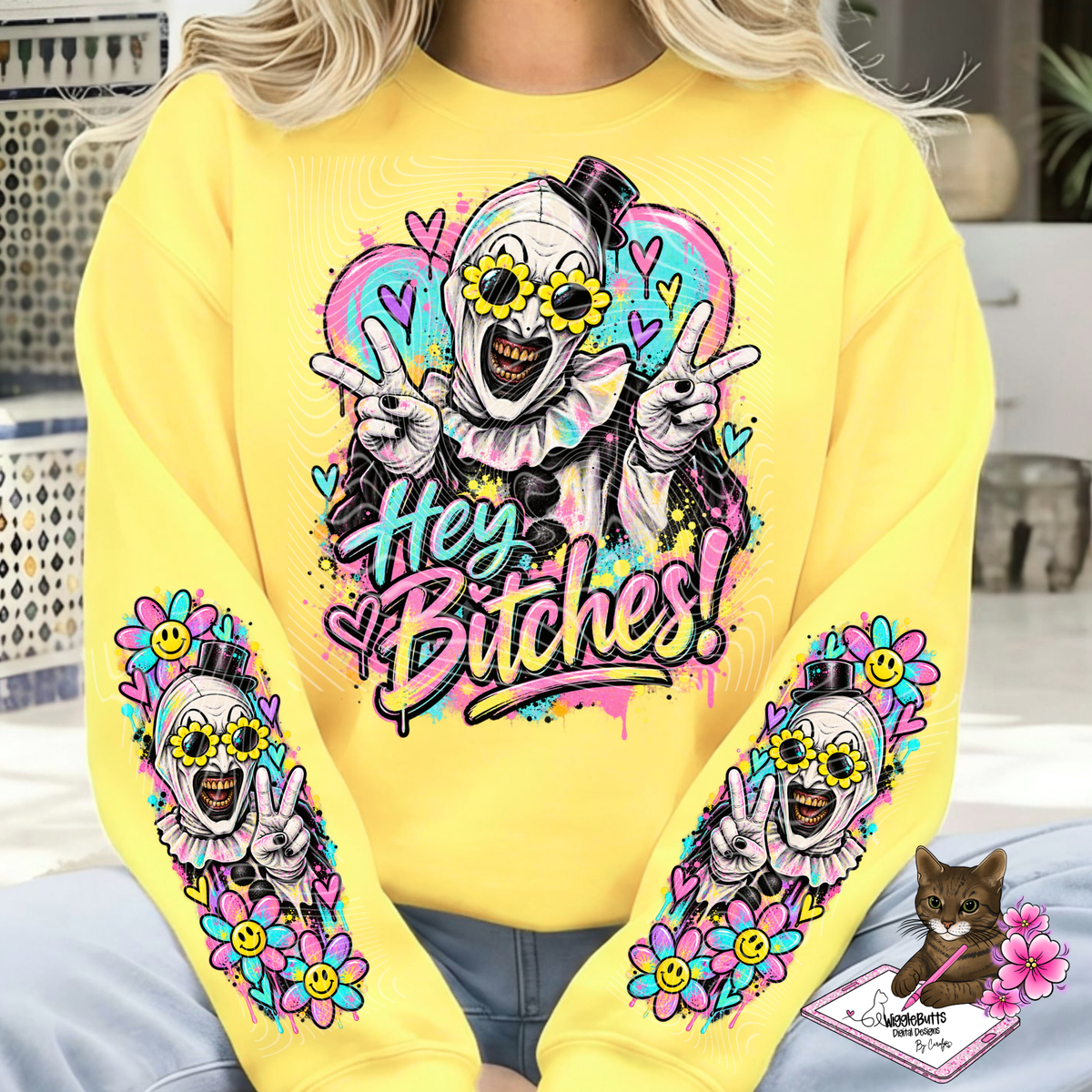 Horror Clown Yellow Sunnies Hey Bitches PNG Design and Matching PNG Sleeve Design