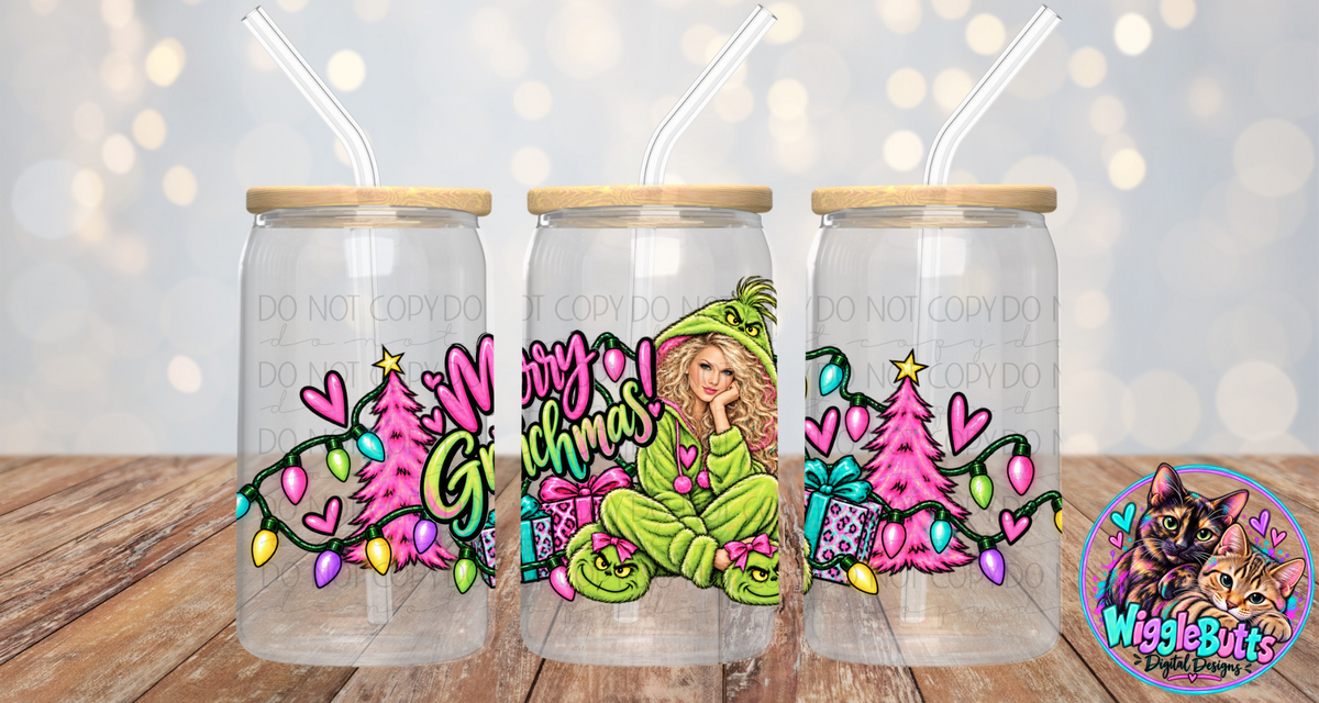 Pop Star Country Singer Green Guy Christmas Mashup 16oz Cup/Jar Wrap PNG Design