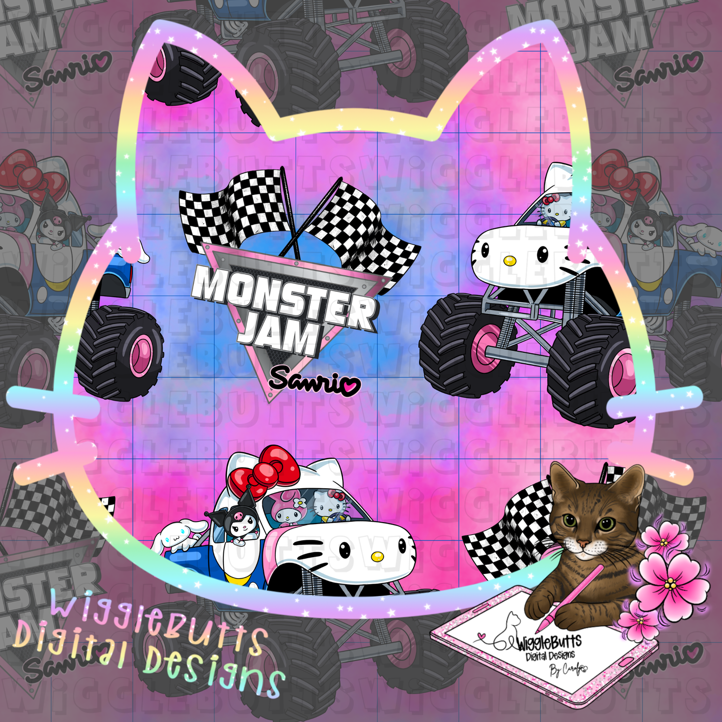 Kitty and Friends Monster Truck Seamless File PNG Design