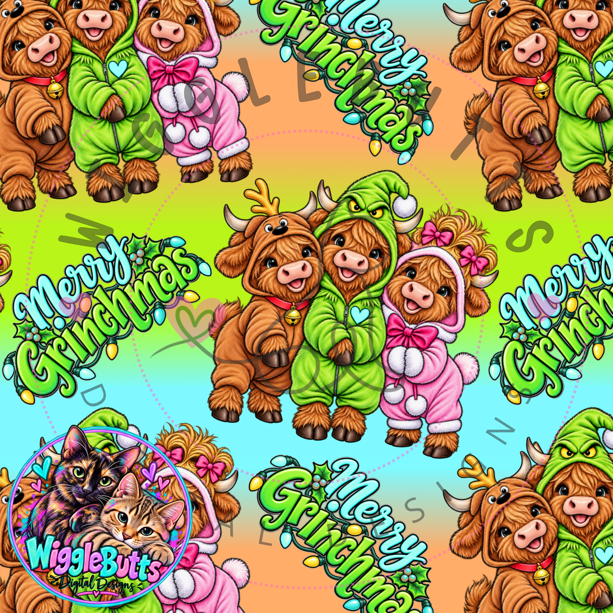 Highland Cows Green Guy Christmas Mashup Blue Seamless File PNG Design