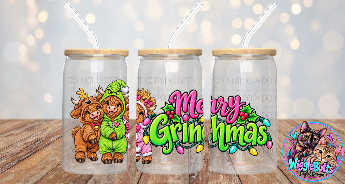 Highland Cows Green Guy Christmas Mashup 160z Cup/Jar Wrap PNG Design