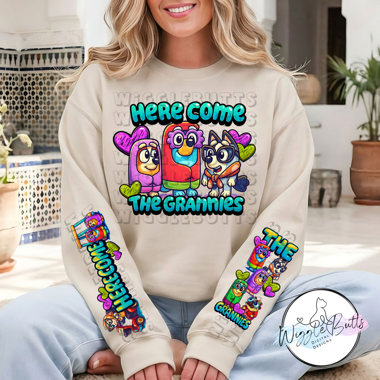 Blue Dog Puppies Grannies PNG Design and 2 Matching PNG Sleeve Designs