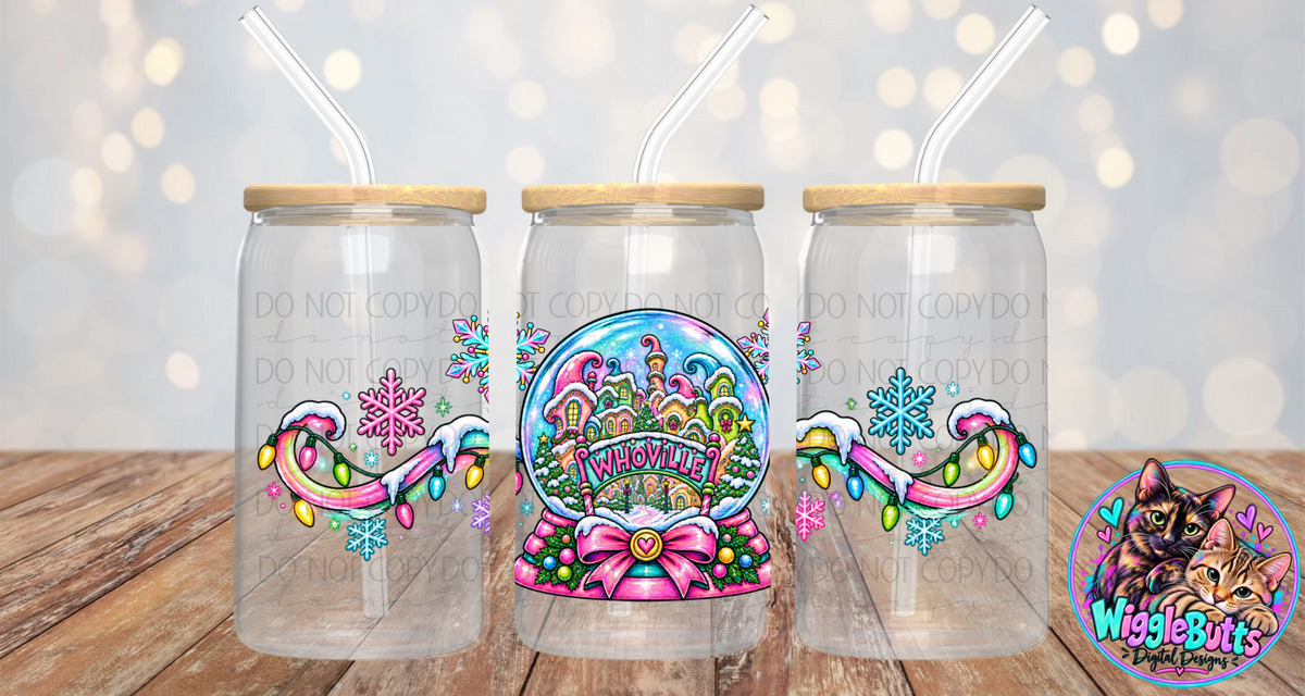 Green Guy Christmas Town Snow Globe 16oz Cup/Jar Wrap PNG Design