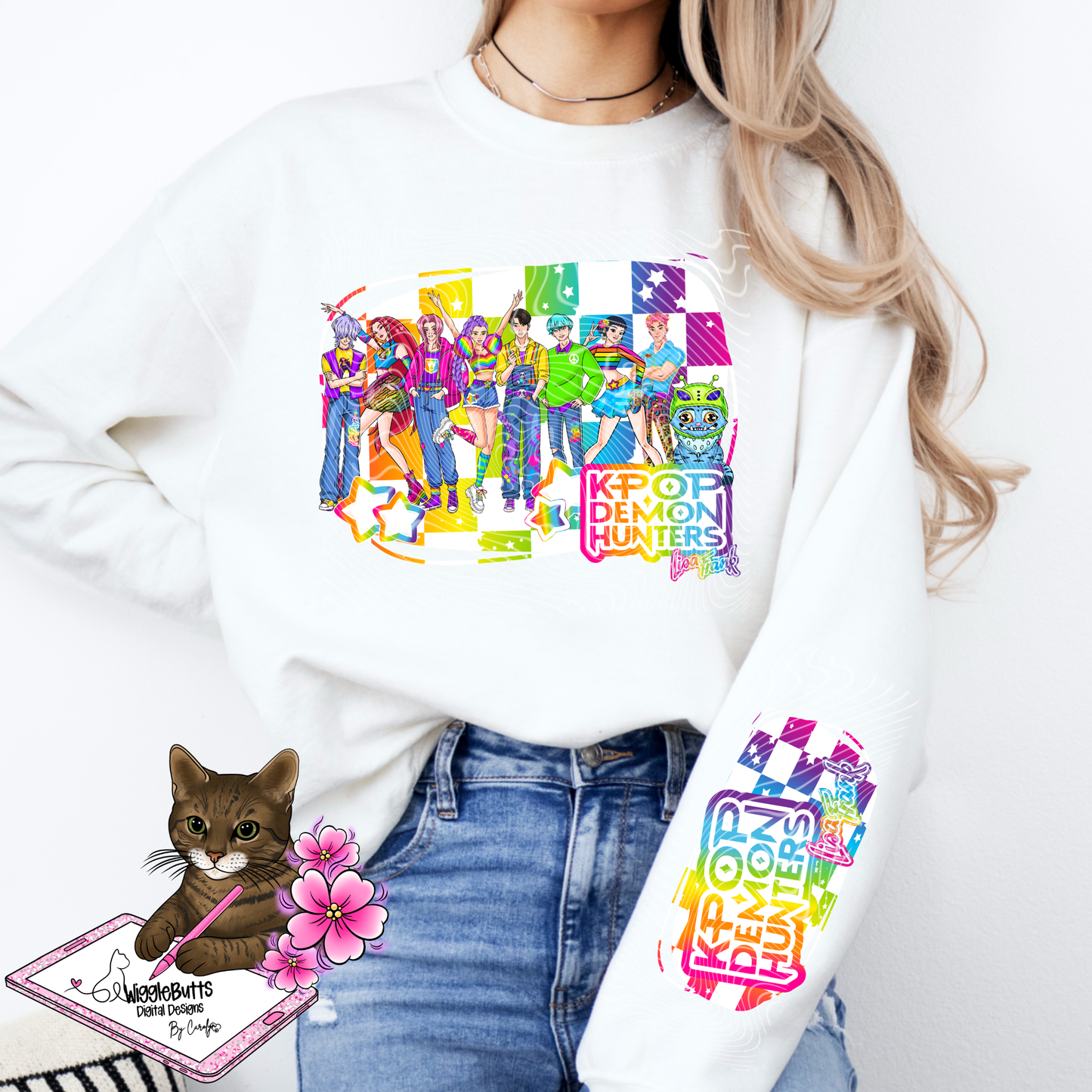 Anime Soda Boys Hunter Girls and Blue Cat 90s Rainbow Style PNG Design and Matching PNG Sleeve Design