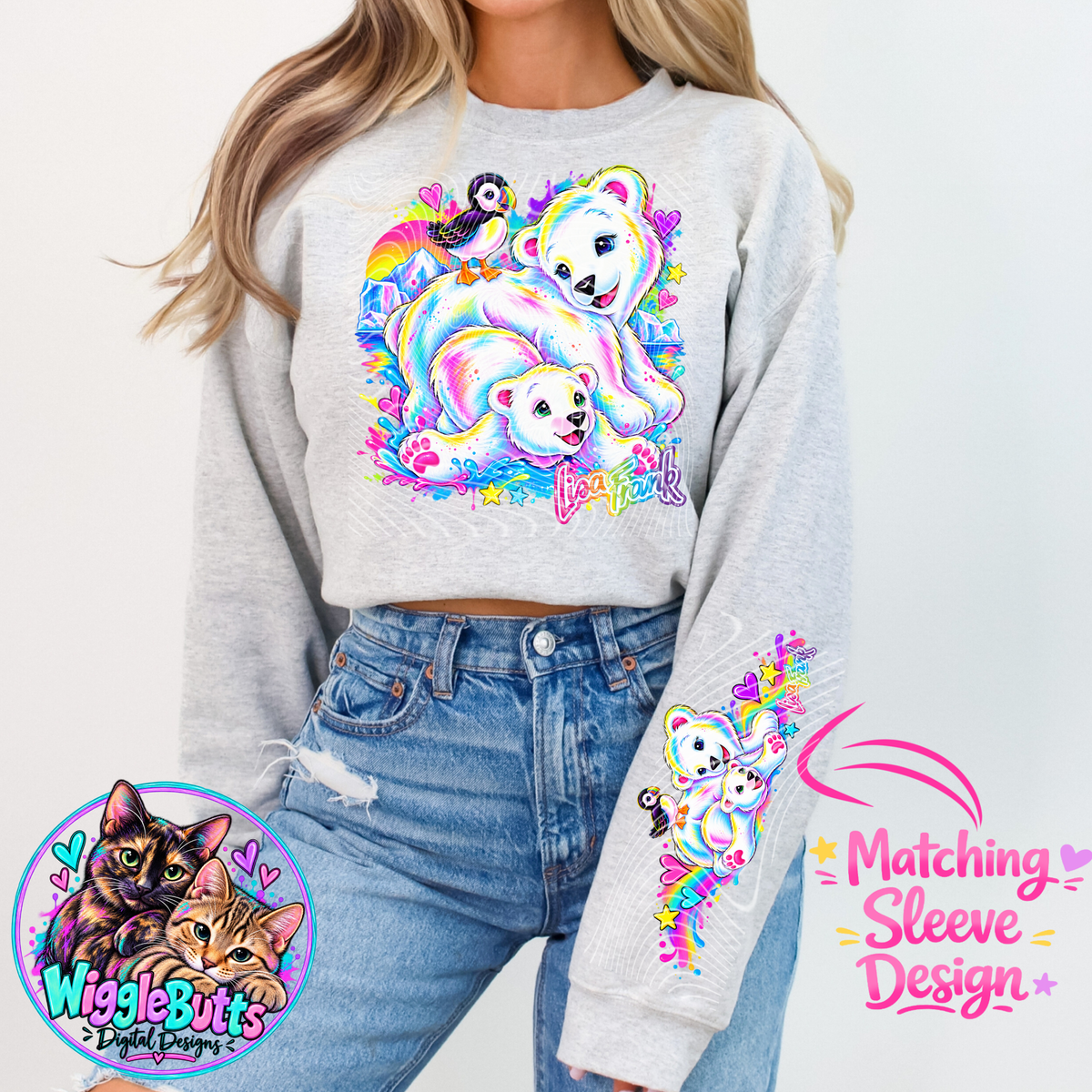 Retro 90s Rainbow Style Polar Bears PNG Design and Matching PNG Sleeve Design