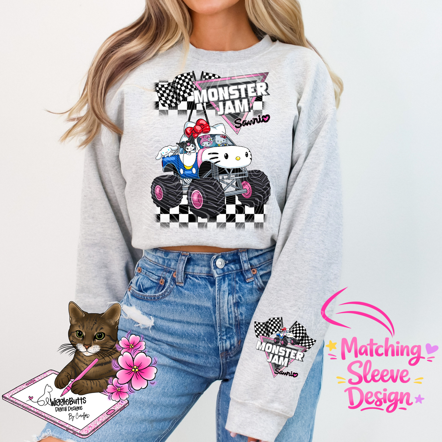 Kitty and Friends Monster Truck PNG Design and Matching PNG Sleeve Design