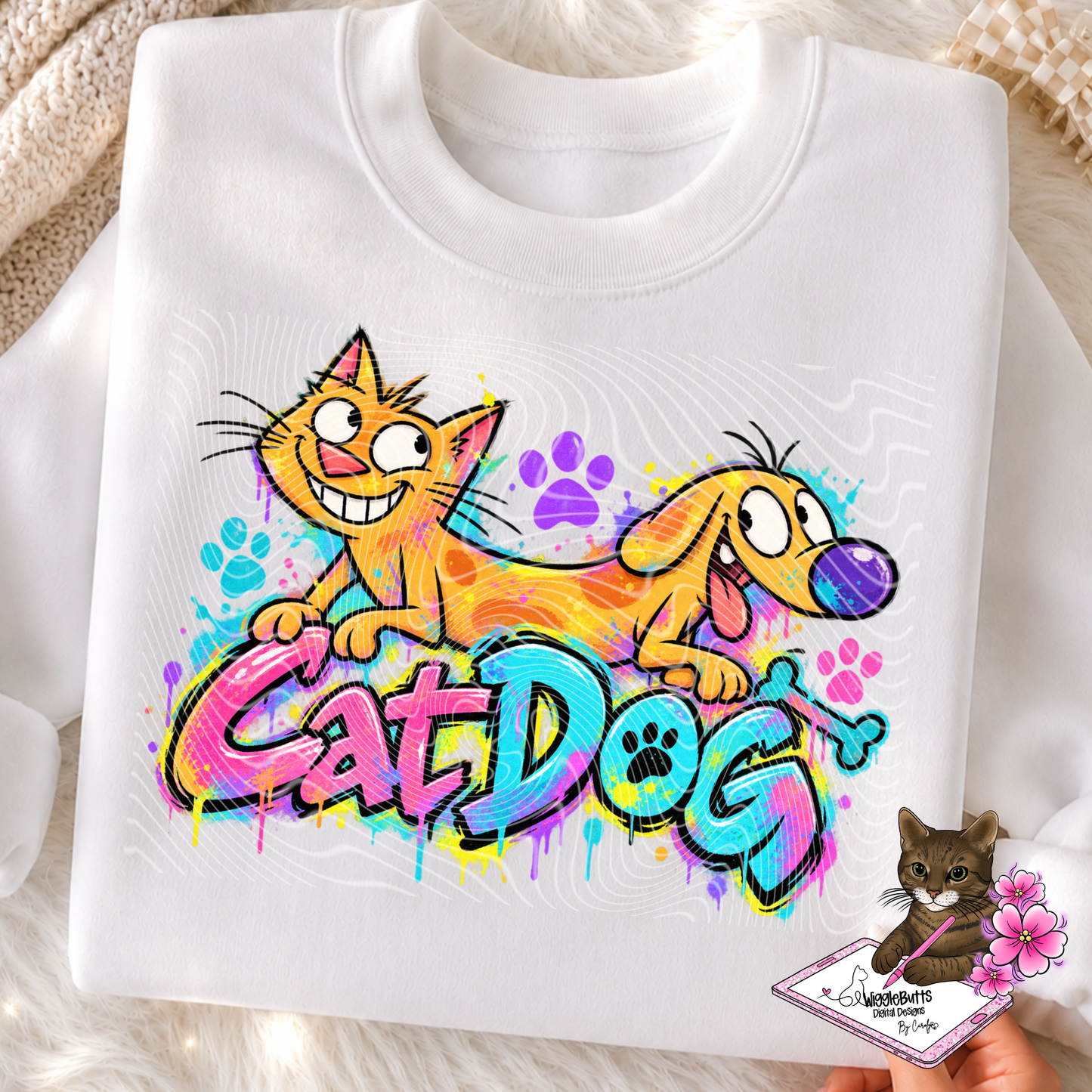 Old School Retro Cat and Dog Painted PNG Design