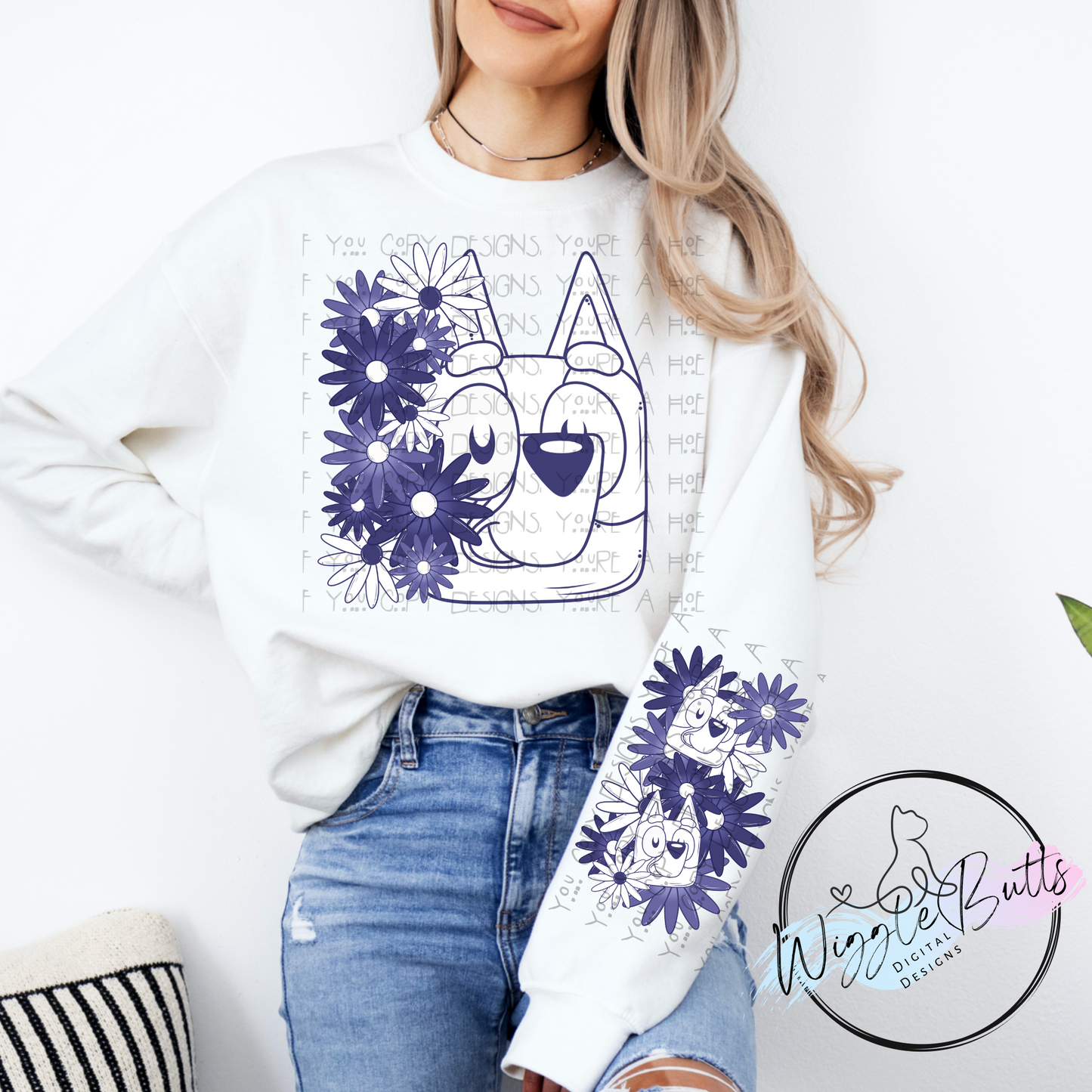 Blue Dog Puppies Blue Flowers PNG Design and Matching Sleeve PNG Design