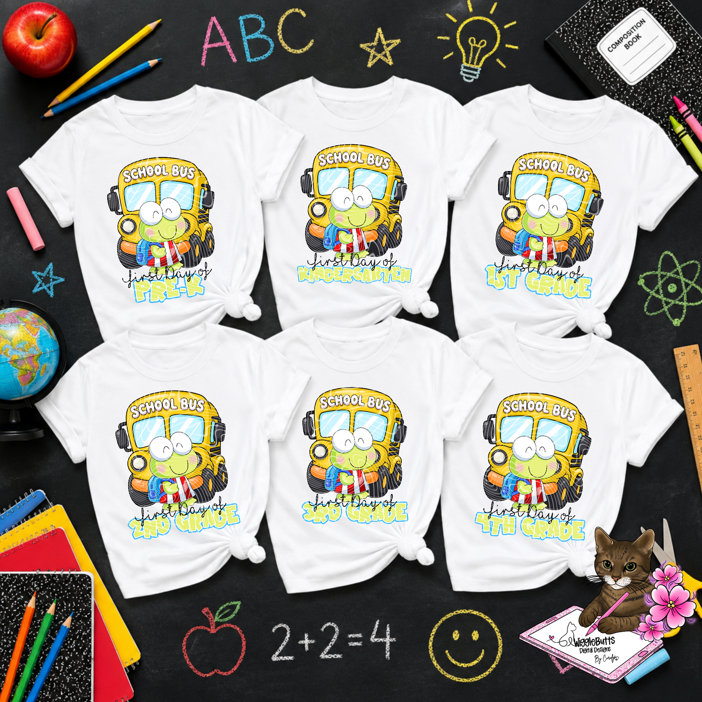 Kitty and Friends Green Frog Back to School Grade Level Design Bundle