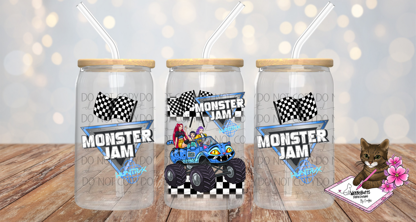 Anime Hunter Girls Monster Truck 16oz Cup Jar Wrap PNG Design