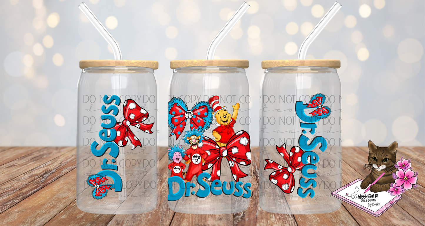 Honey Bear and Friends Reading Book Coquette Bows 16oz Cup Jar Wrap PNG Design