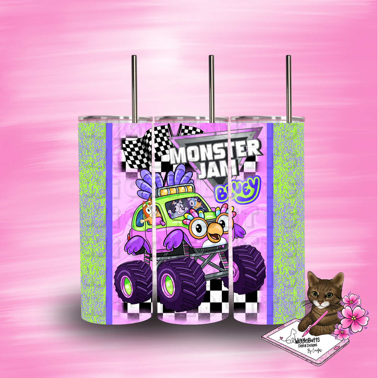 Blue Dog Puppies Monster Truck 20oz Tumbler Wrap PNG Design