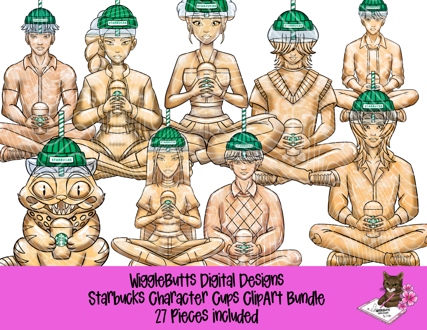 Coffee Lovers Anime Character Cups Green ClipArt Bundle