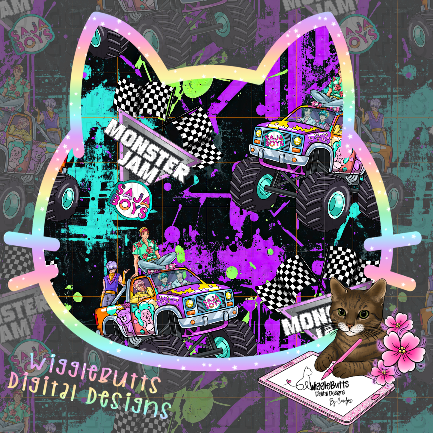 Anime Soda Boys Monster truck Seamless File PNG