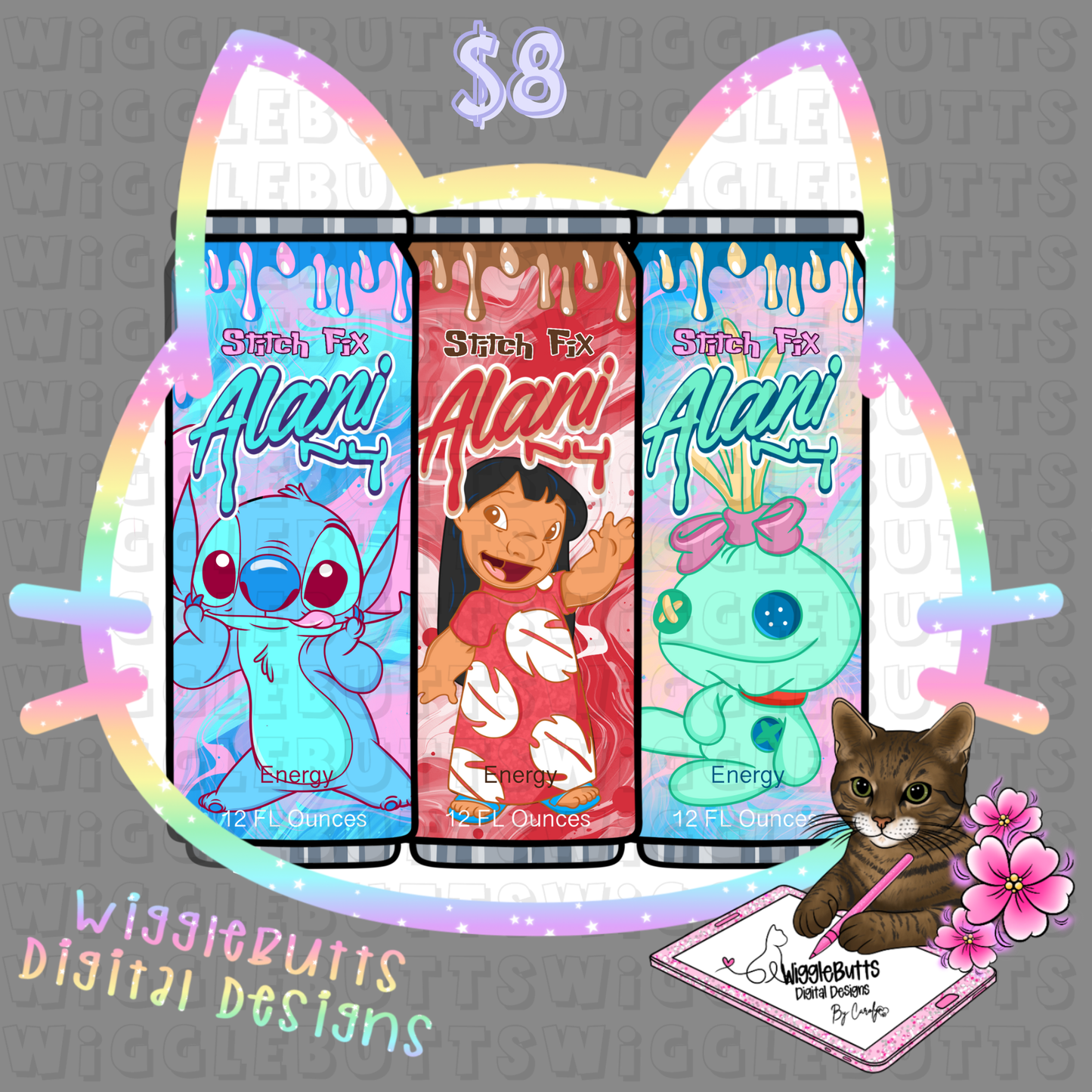 Blue Alien Creature Hawaiian Girl Energy Drink Cans ClipArt Bundle