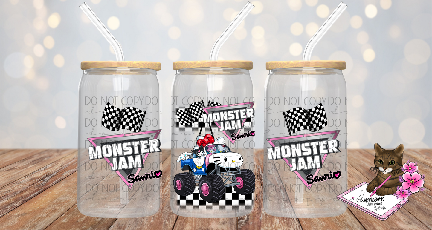 Kitty and Friends Monster Truck 160z Cup/Jar Wrap PNG Design