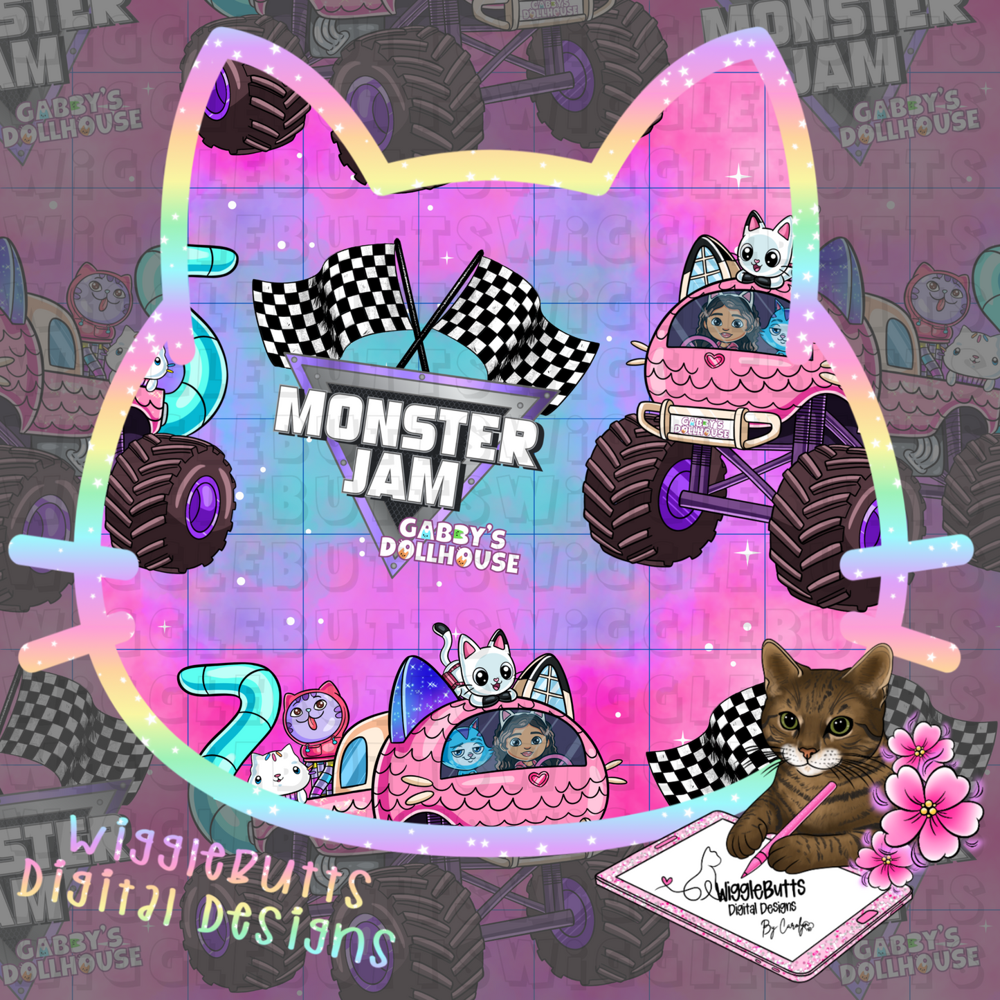 Kitty Cat Dollhouse Monster Truck Seamless File PNG Design