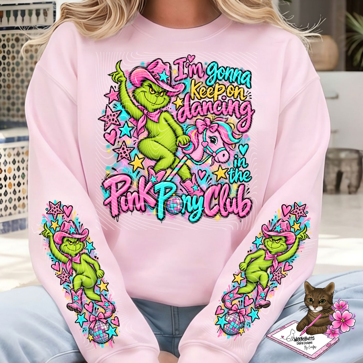 Green Guy Christmas Pink Pony Show PNG Design and Matching PNG Sleeve Design