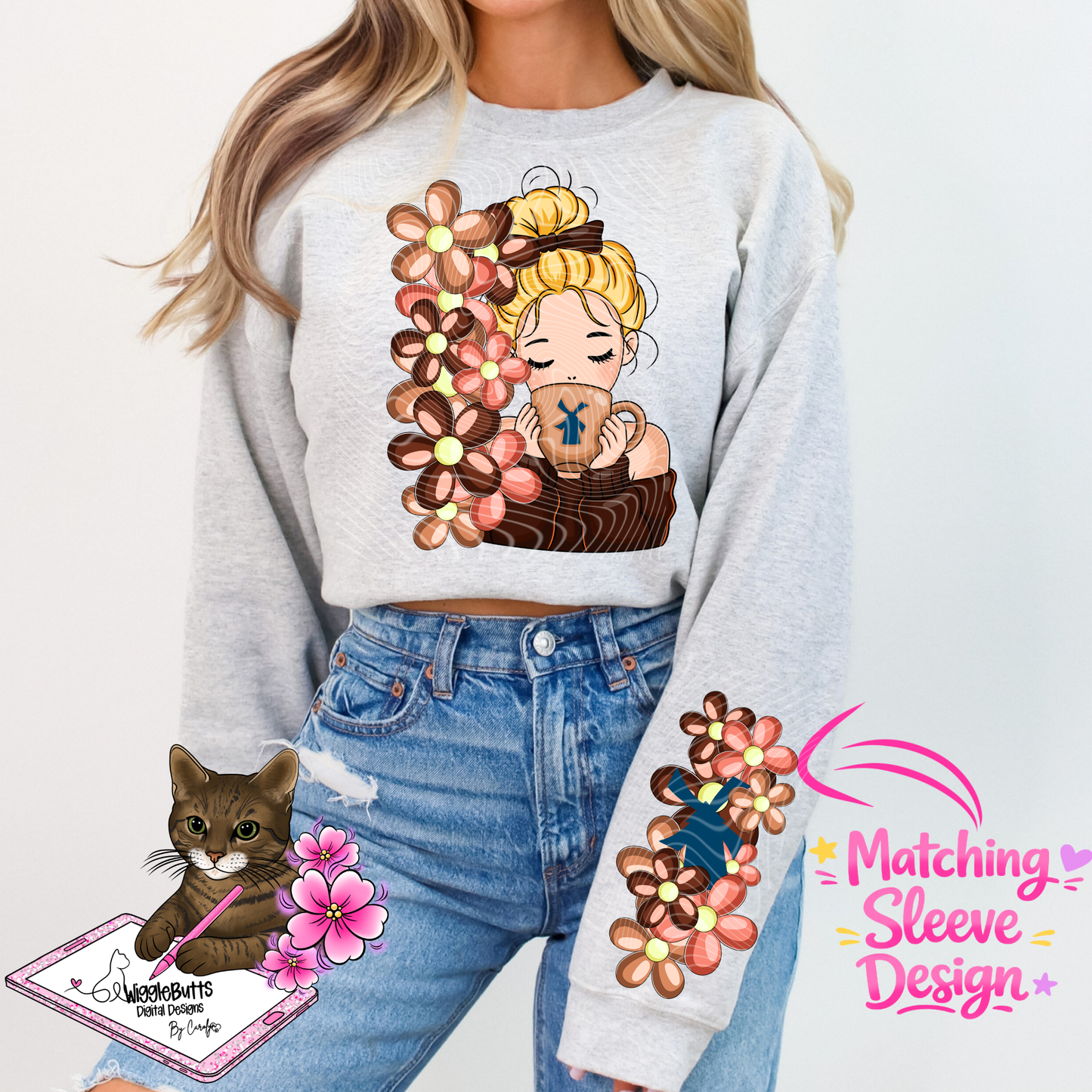 Coffee Lovers Girl Blue Guy Flowers PNG Design and Matching PNG Sleeve Design