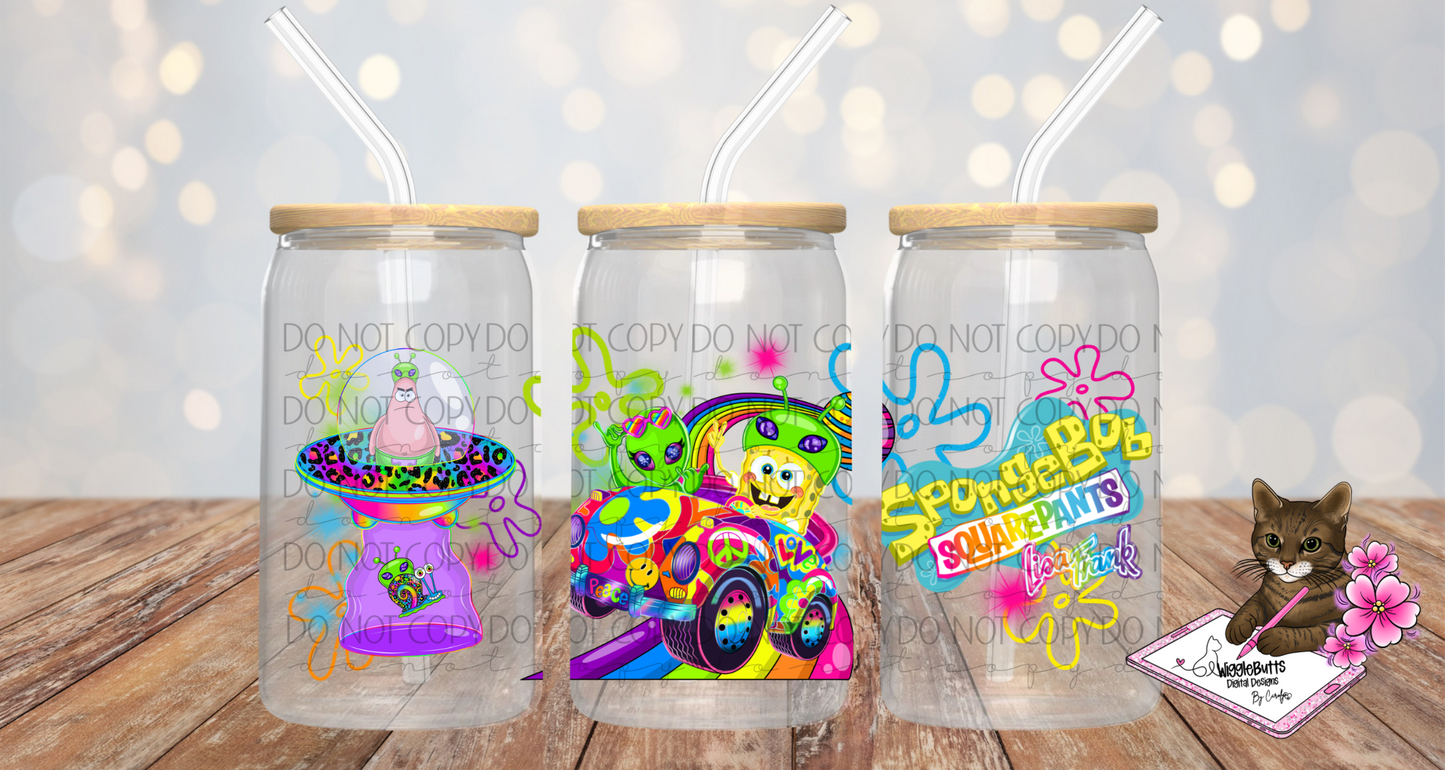 Yellow Sponge 90s Rainbow Style 16oz Cup/Jar Wrap PNG Design