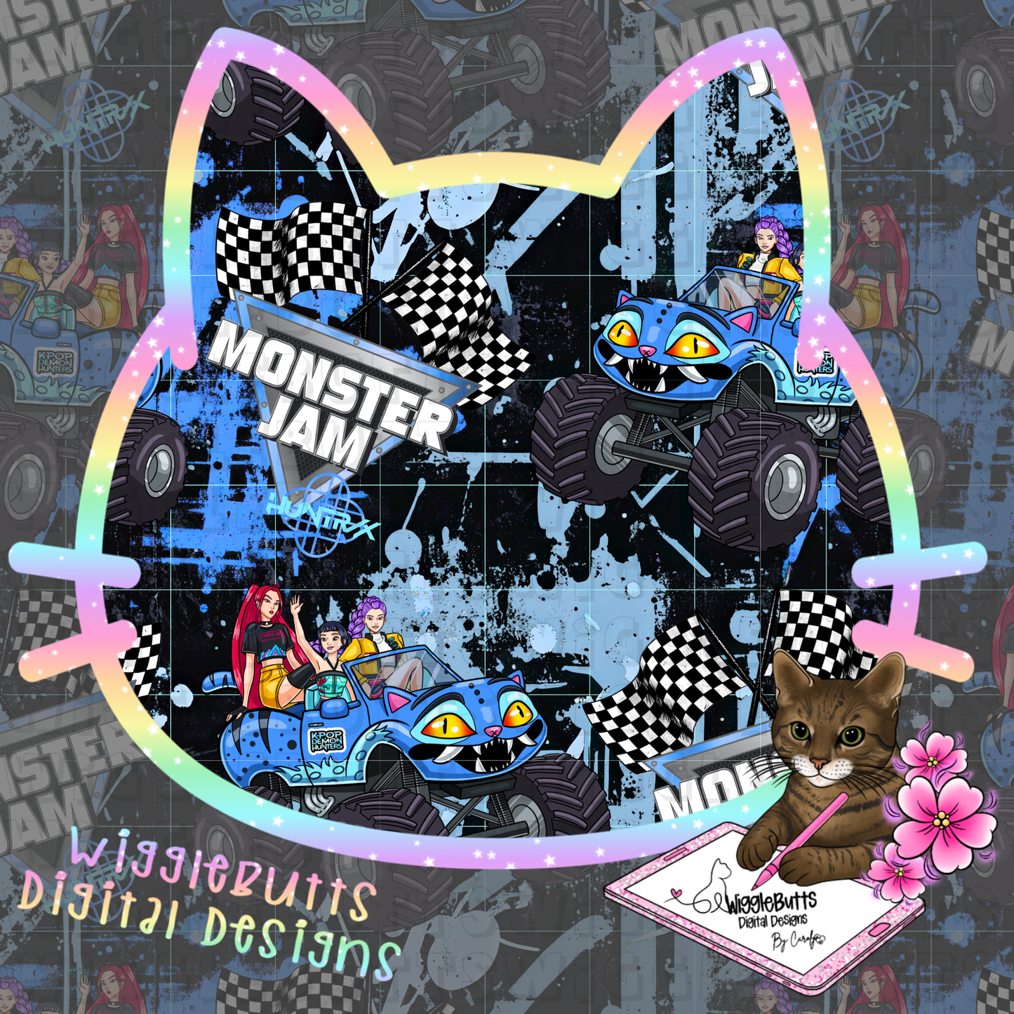 Anime Hunter Girls Monster truck Seamless File PNG