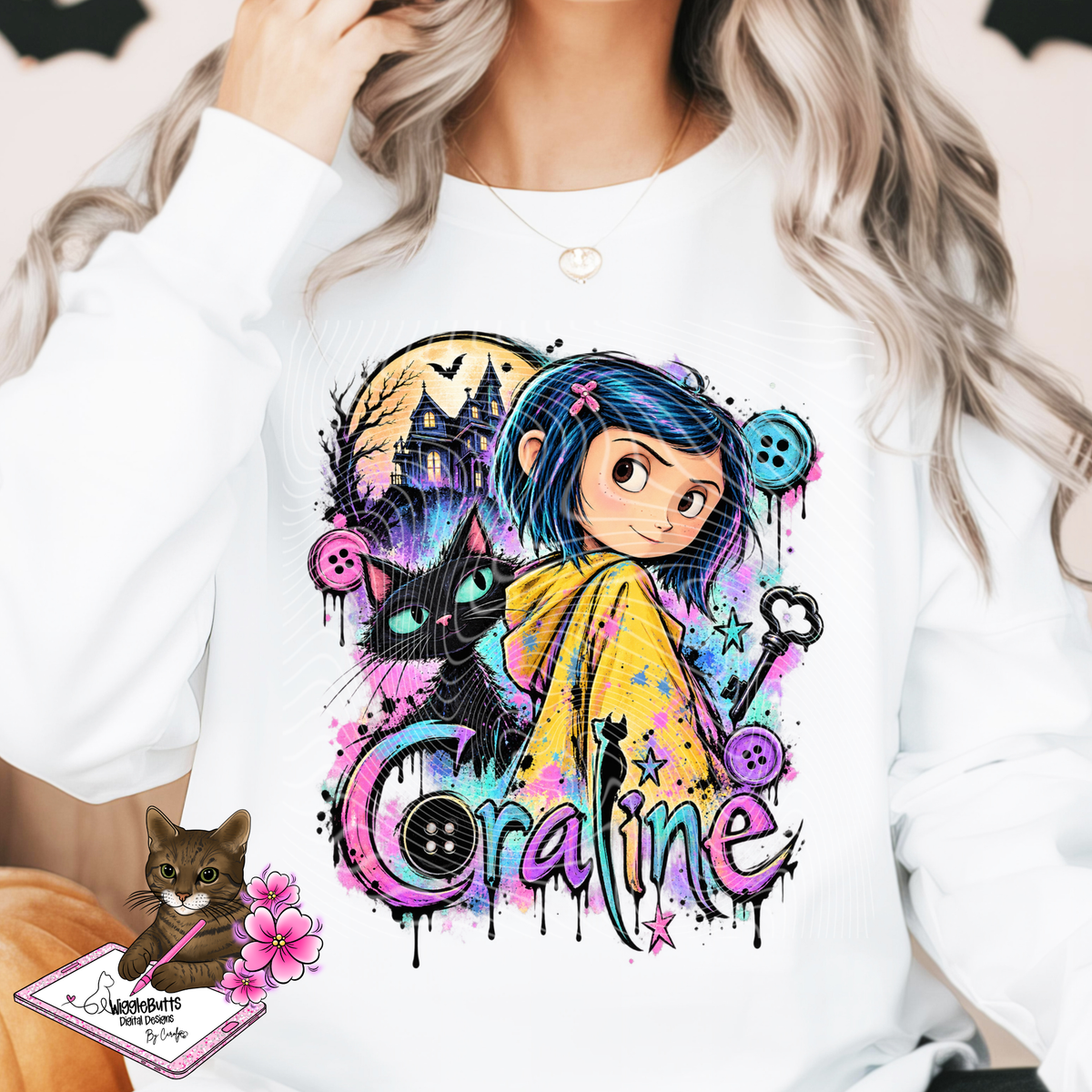 Blue Hair Button Eye Girl Halloween PNG Design