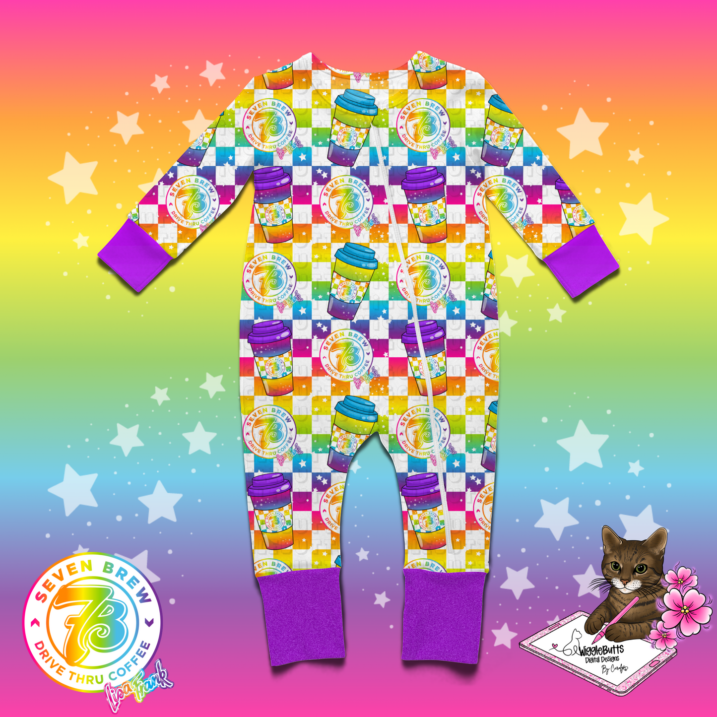 Coffee Lovers 90s Rainbow Style Checkered Maroon Seamless File PNG Design
