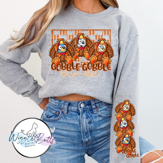 Blue Dog Puppies Orange Blue and Grey Thanksgiving Turkey PNG Design and Matching PNG Sleeve Design