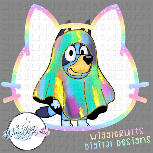 Blue Dog Puppies Colorful Painted Halloween Ghost ClipArt Piece