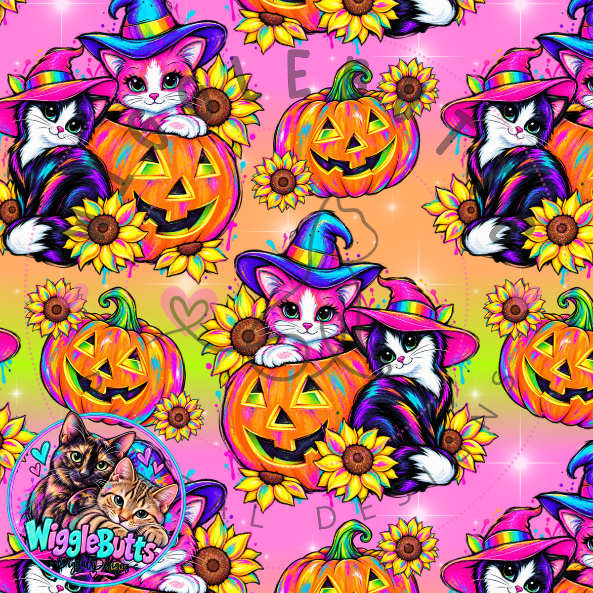 Retro 90s Rainbow Style Halloween Cats Seamless File PNG Design
