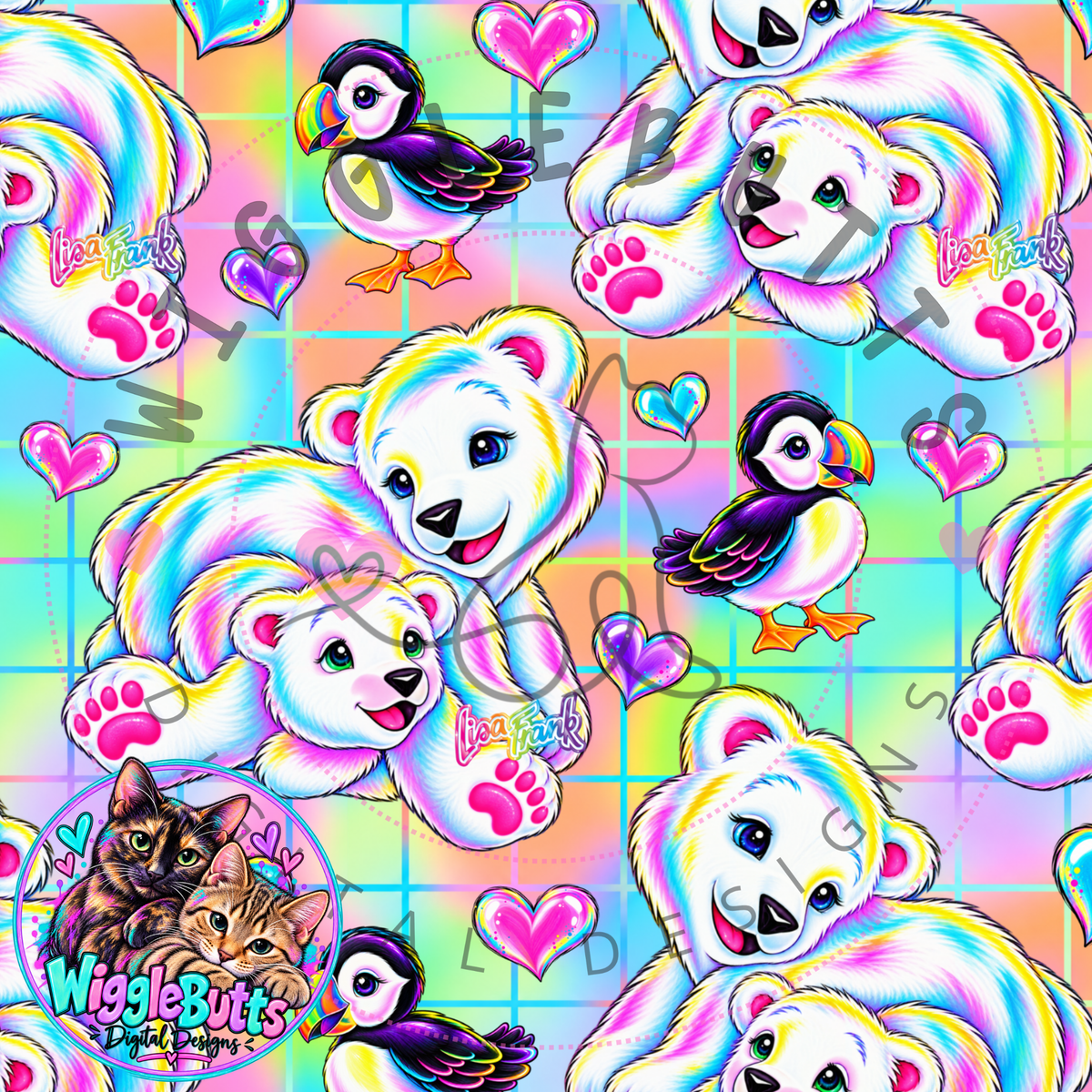 Retro 90s Rainbow Style Polar Bears Checkered Seamless File PNG Design