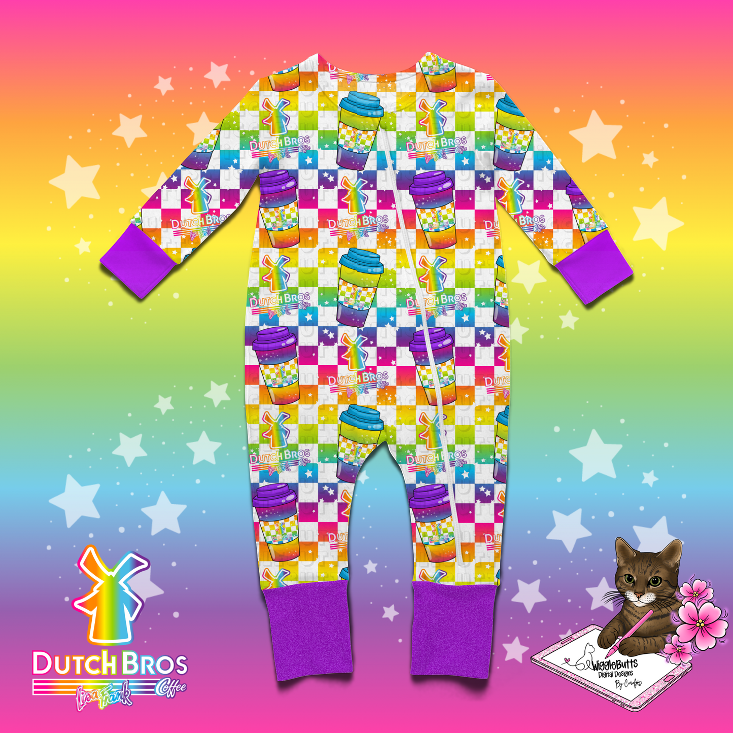 Coffee Lovers 90s Rainbow Style Checkered Blue Guy Seamless File PNG Design