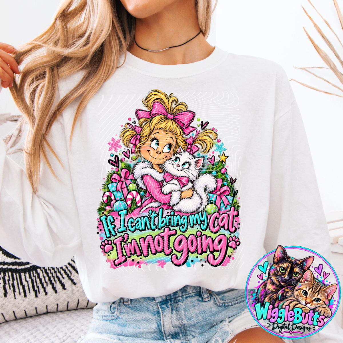 Green Guy Christmas Blonde Girl If I can't bring my cat I'm not going PNG Design