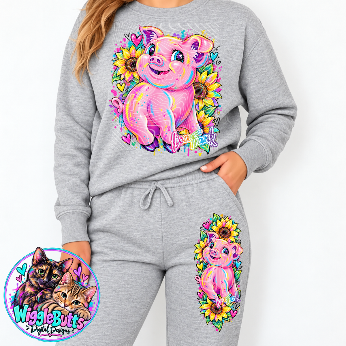 Retro 90s Rainbow Style Pig and Sunflowers PNG Design and Matching PNG Sleeve/Pants Design